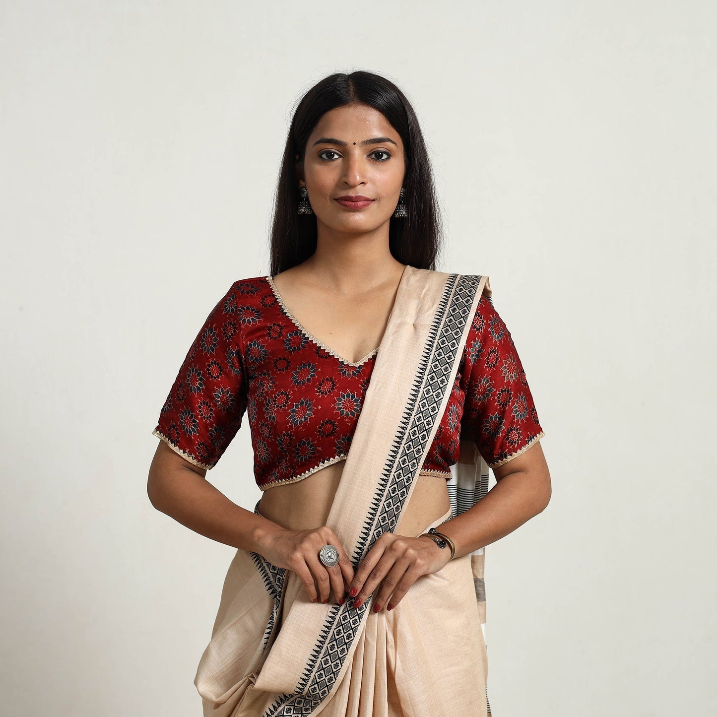 Red Modal Silk Block Print Stitched Ajrakh Blouse Online