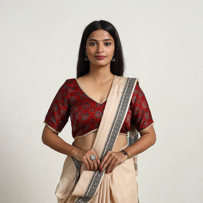 Red Modal Silk Block Print Stitched Ajrakh Blouse Online