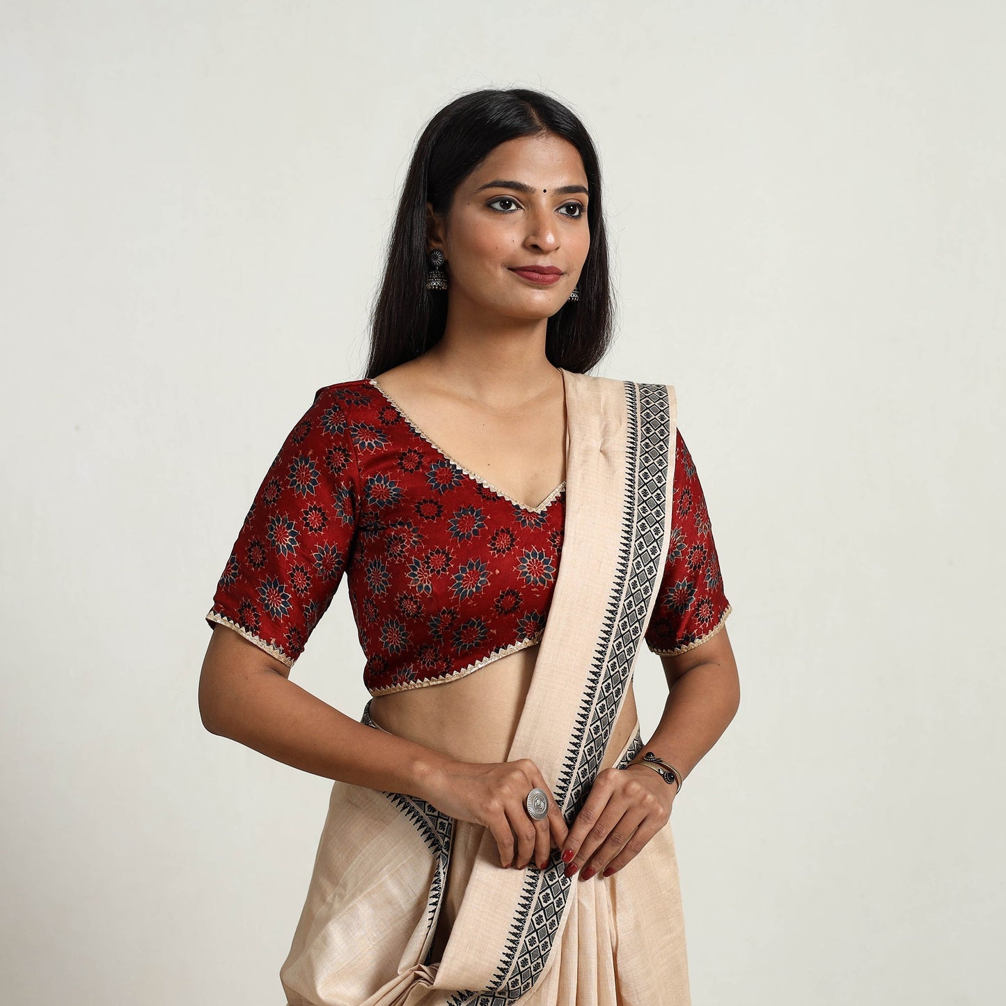 Red Modal Silk Block Print Stitched Ajrakh Blouse Online