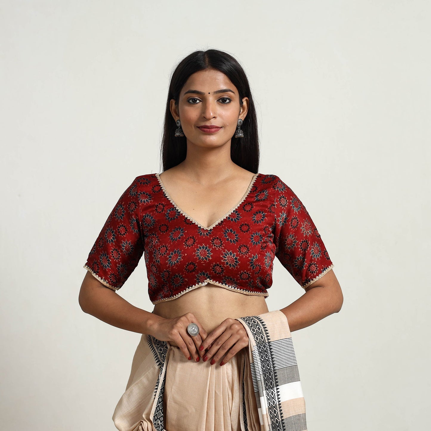 Red Modal Silk Block Print Stitched Ajrakh Blouse Online
