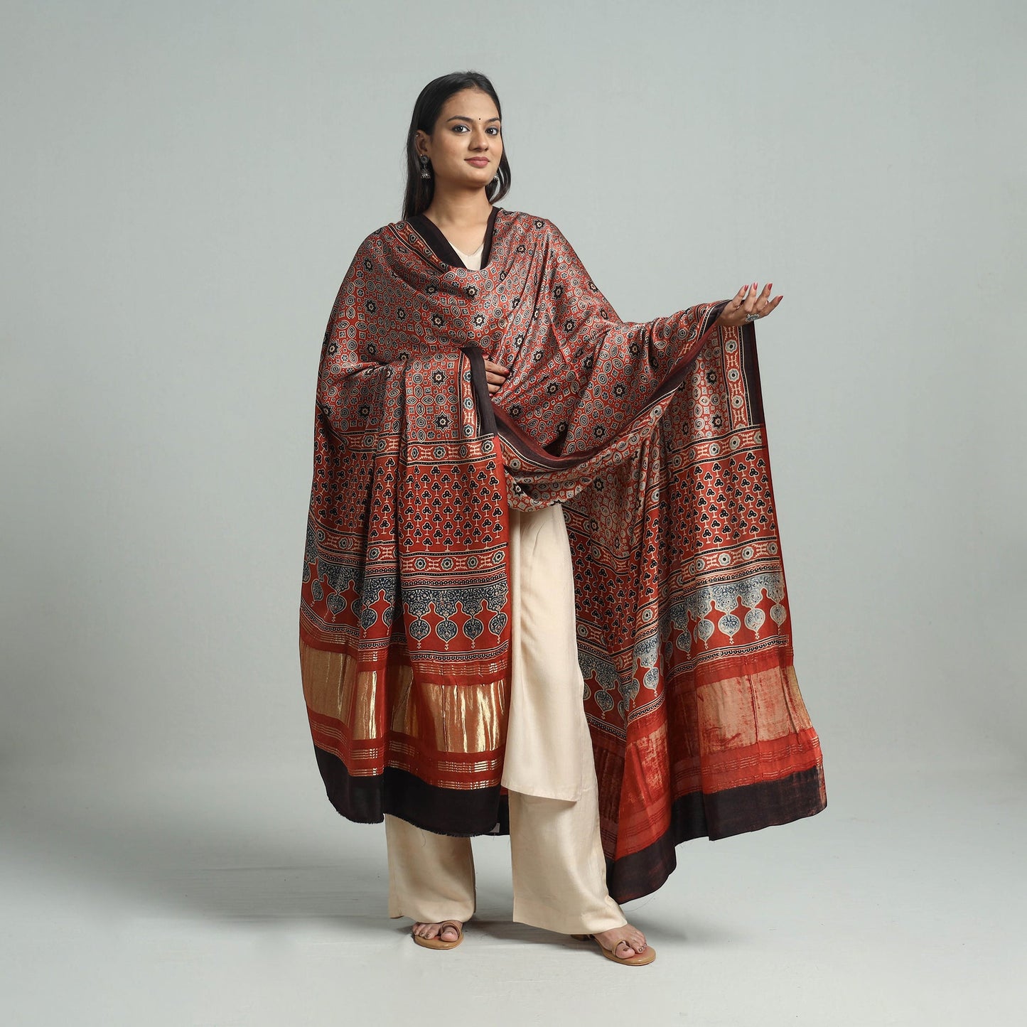 Modal Silk Block Print Ajrakh Dupatta