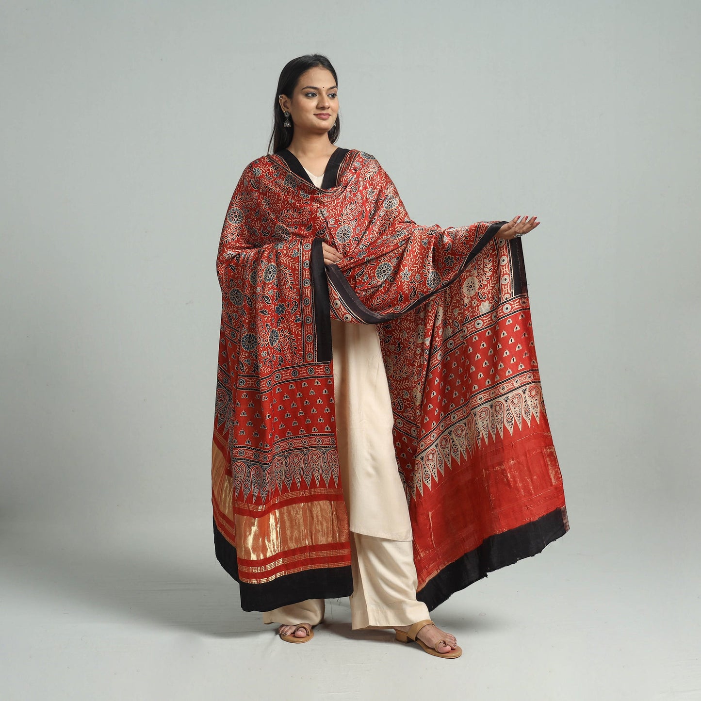 Red - Modal Silk Block Print Ajrakh Dupatta 11