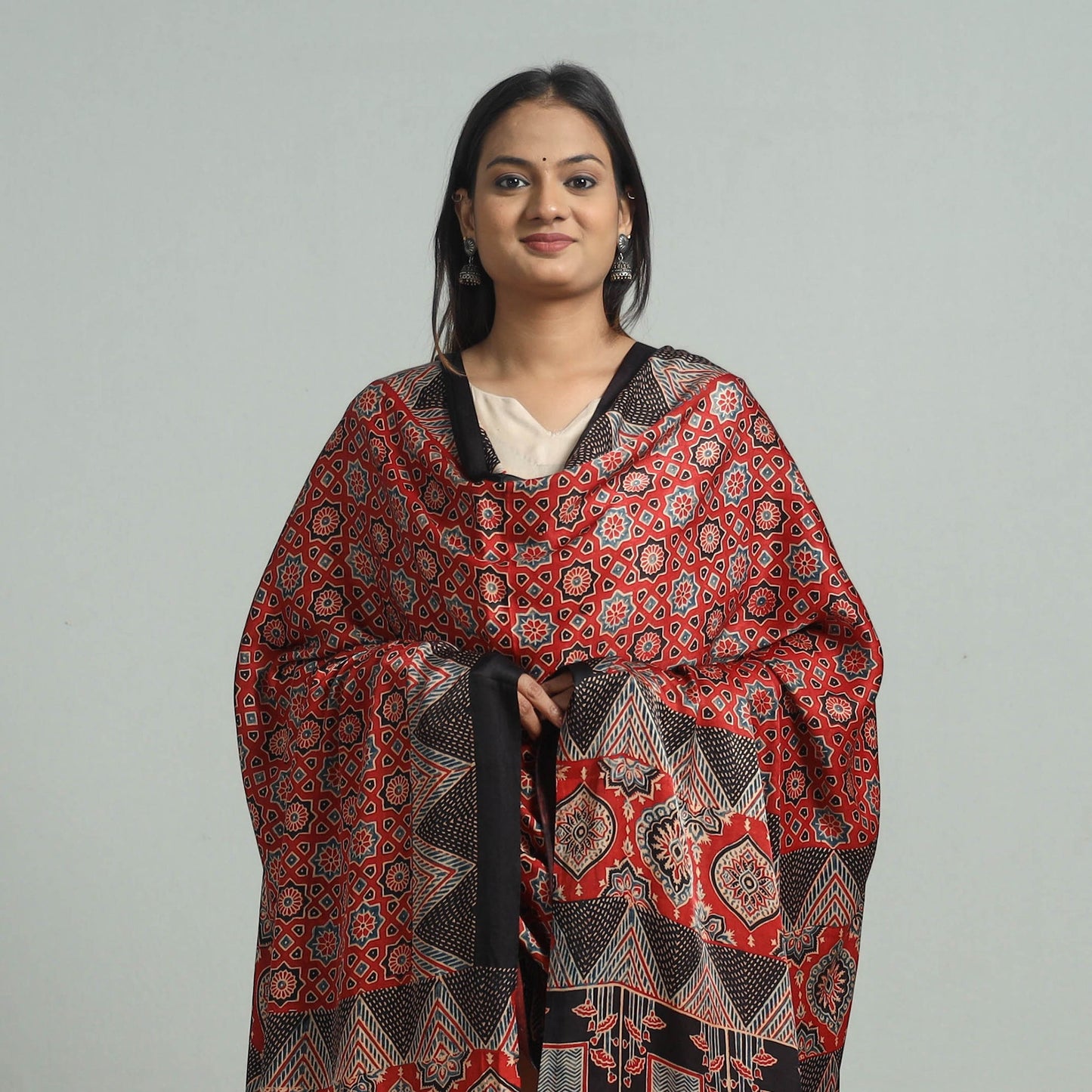 Red - modal silk dupatta 14 - handcrafted