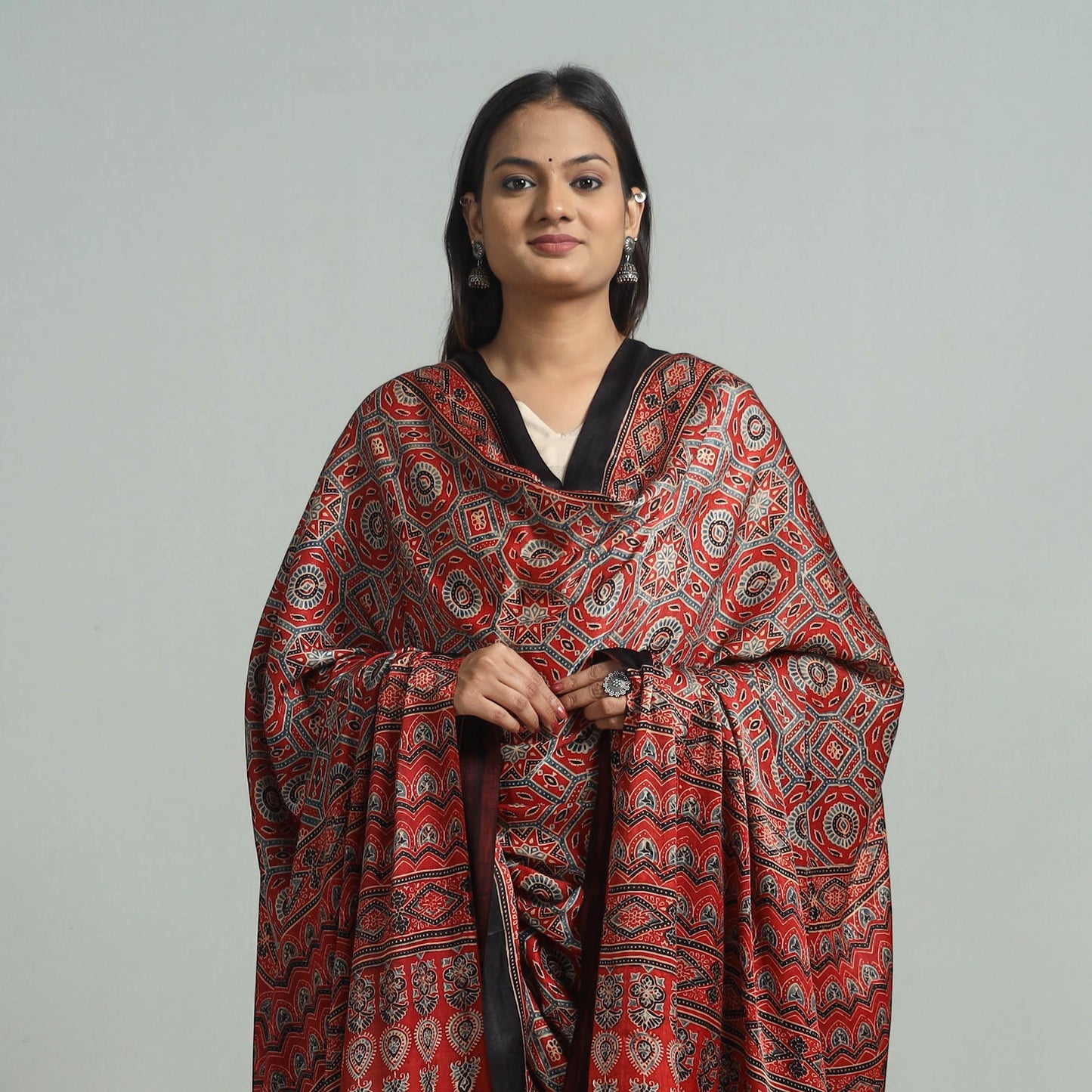Red - modal silk dupatta 16 - handcrafted