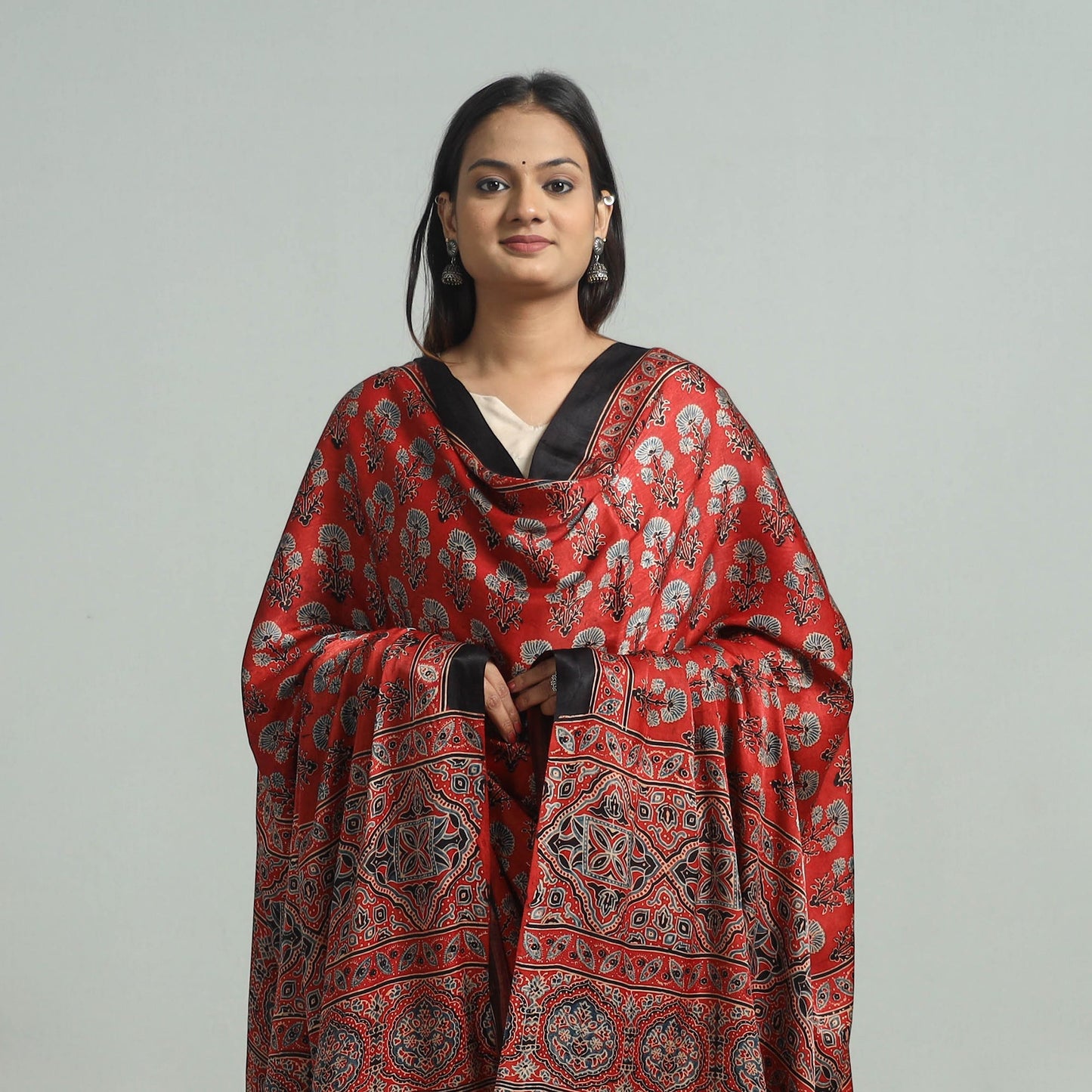Red - modal silk dupatta 20 - handcrafted
