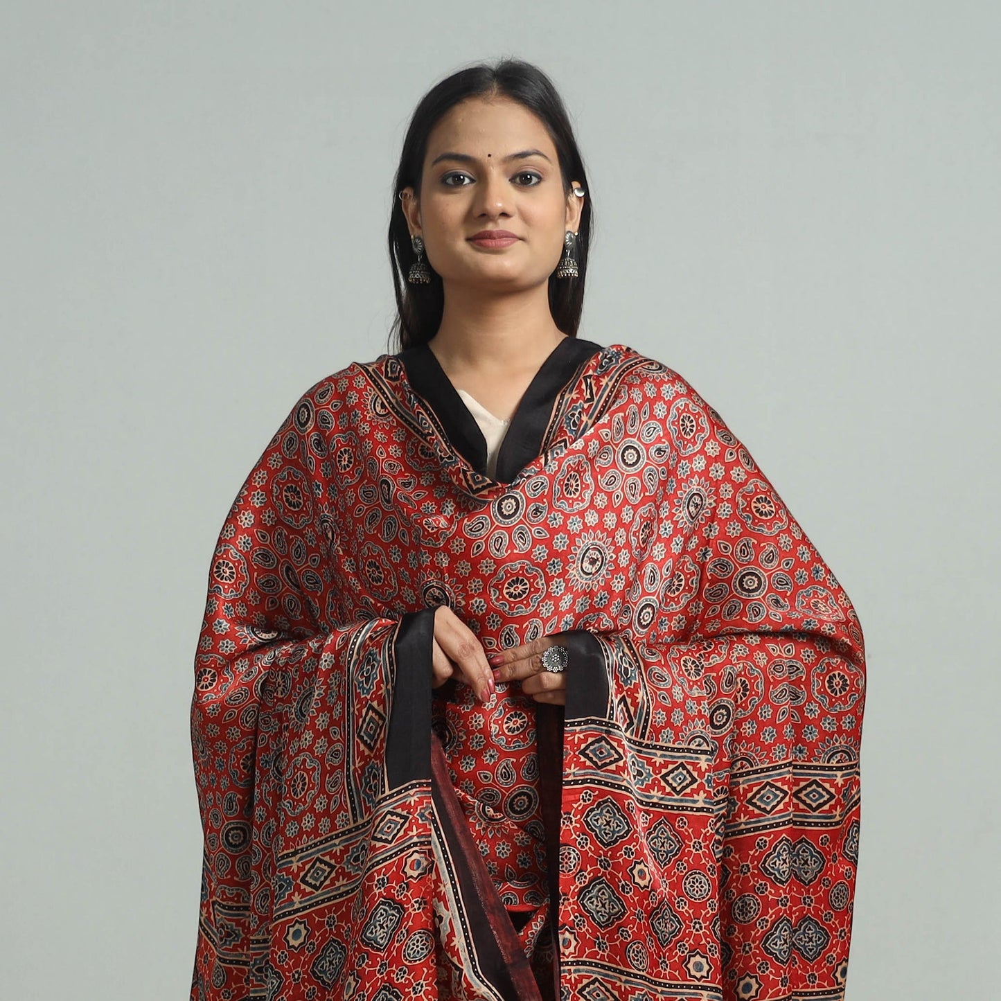 Red - modal silk dupatta 33 - handcrafted