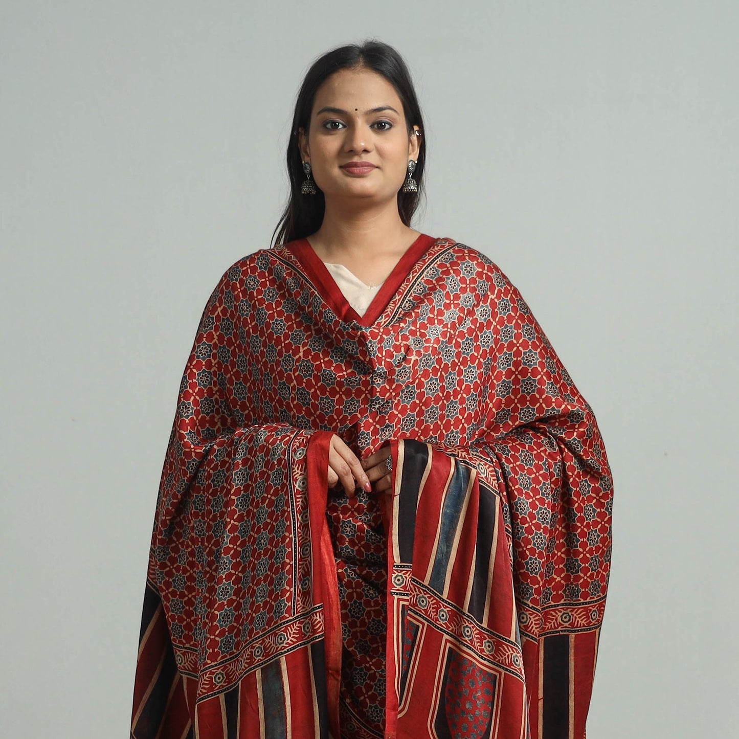 Red - modal silk dupatta 39 - handcrafted