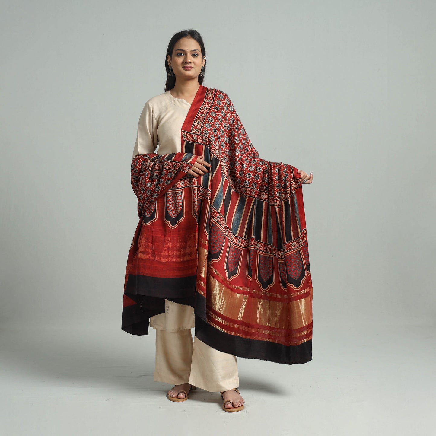Red - modal silk dupatta 39 - handcrafted