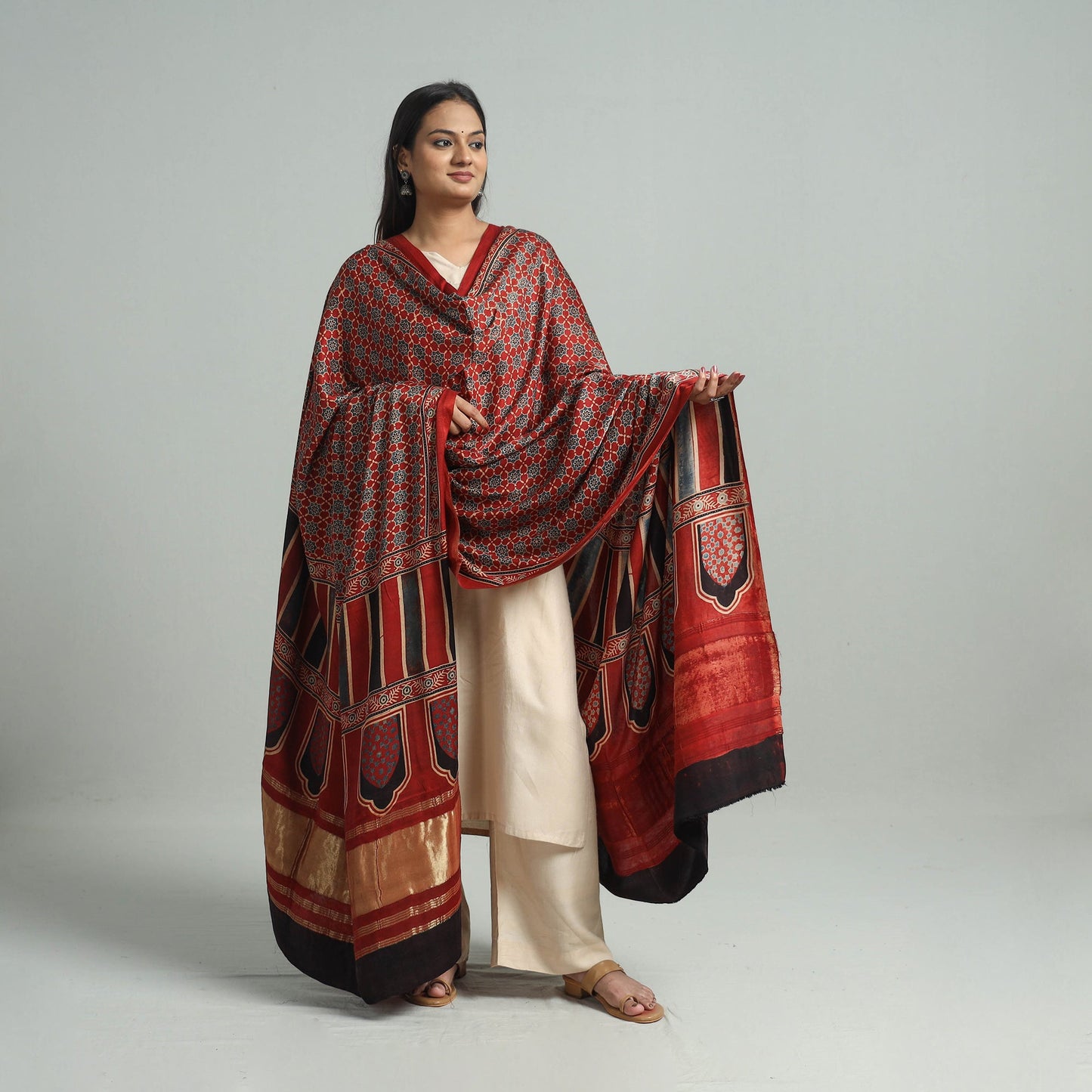 Red - modal silk dupatta 39 - handcrafted