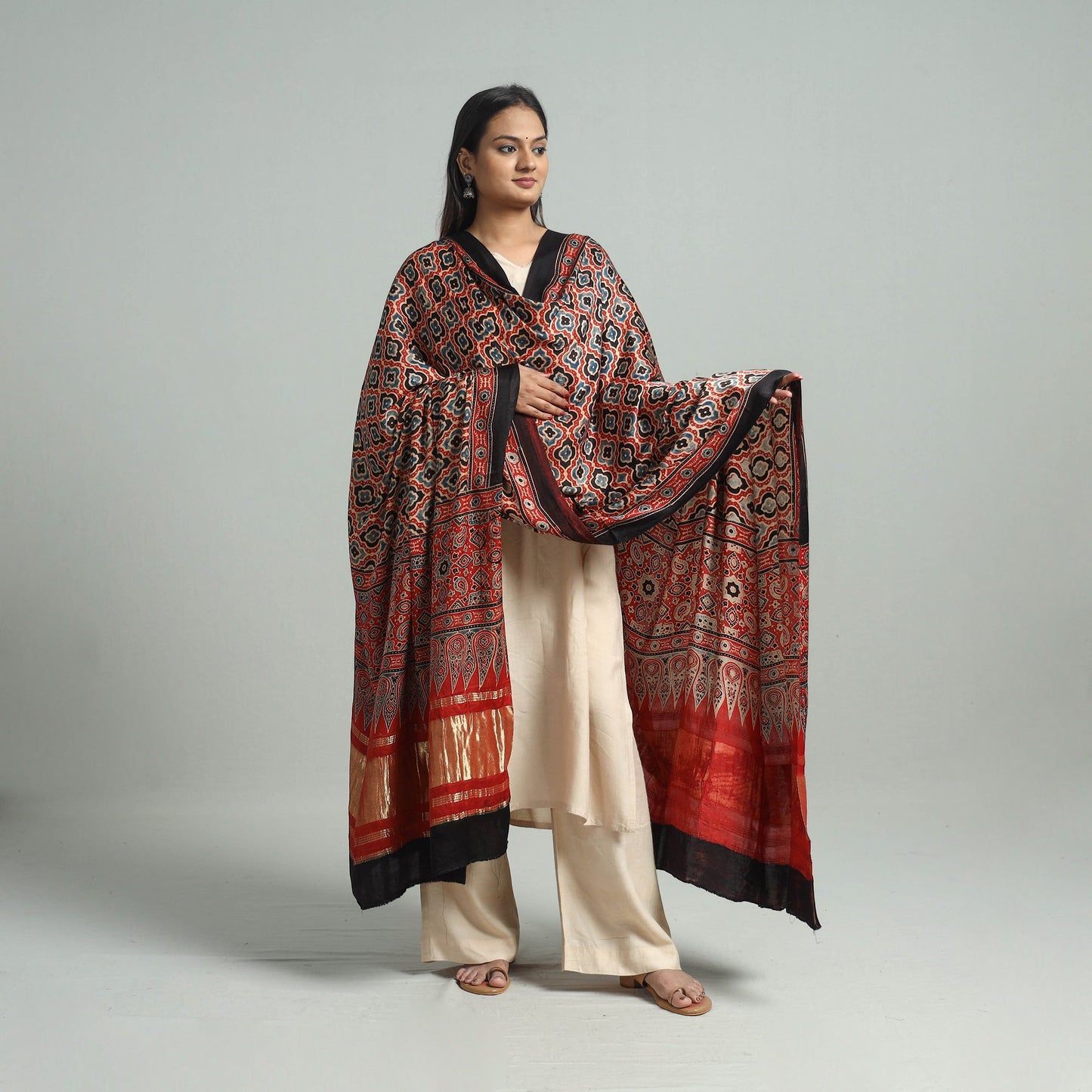 Red - modal silk dupatta 47 - handcrafted