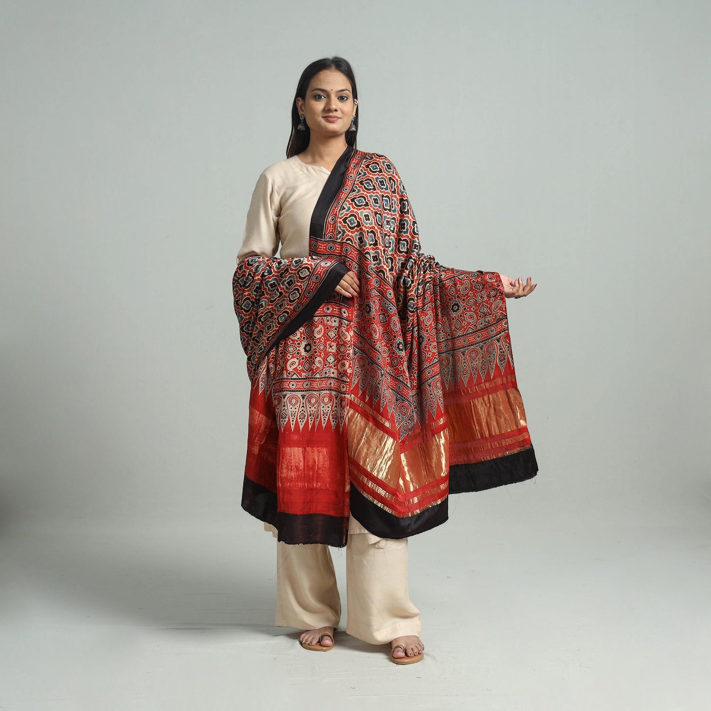Red - modal silk dupatta 47 - handcrafted