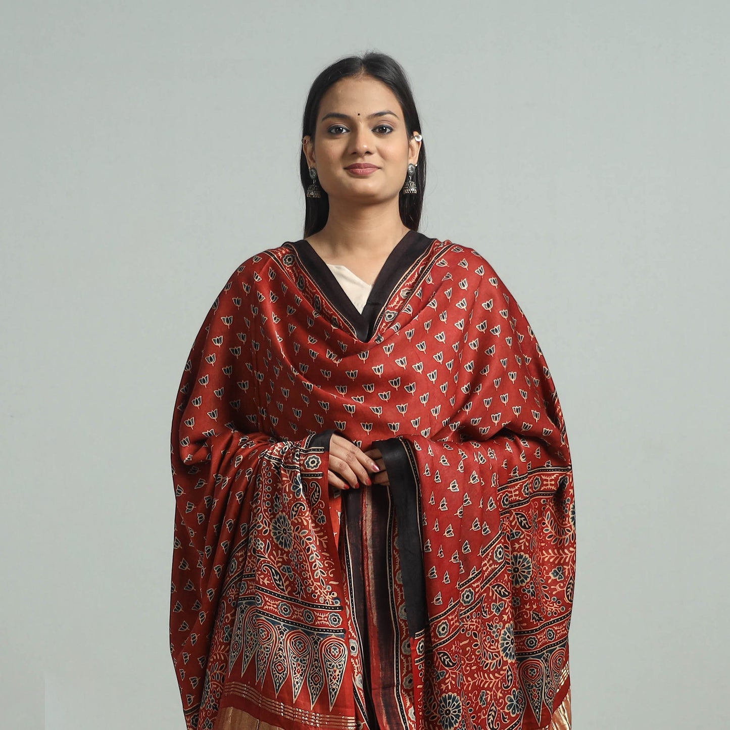 Modal Silk Block Print Ajrakh Dupatta