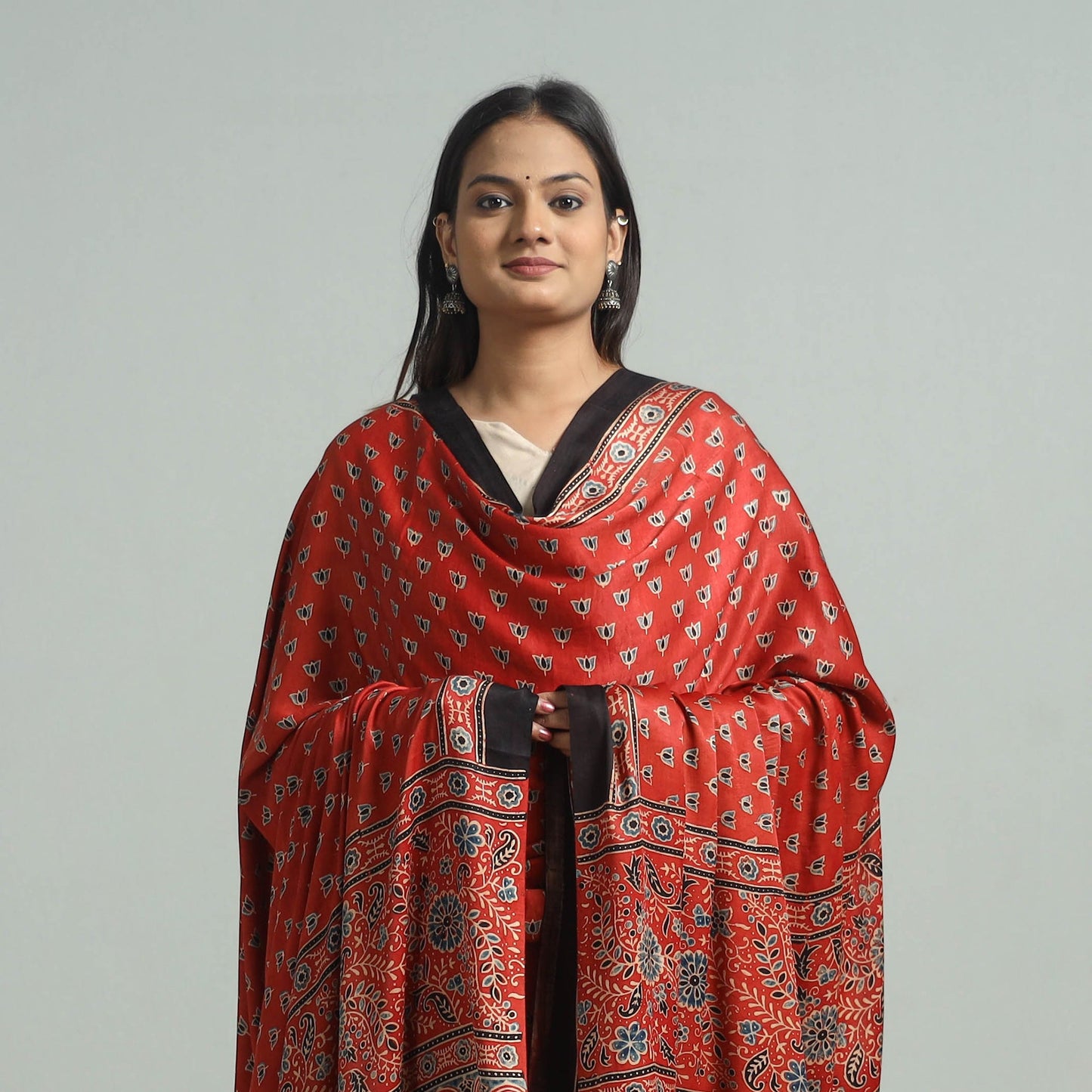 Red - modal silk dupatta 49 - handcrafted