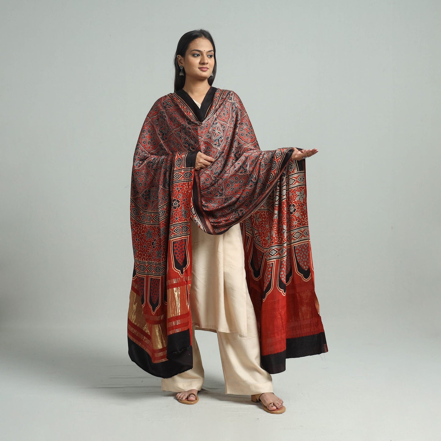Red - modal silk dupatta 50 - handcrafted