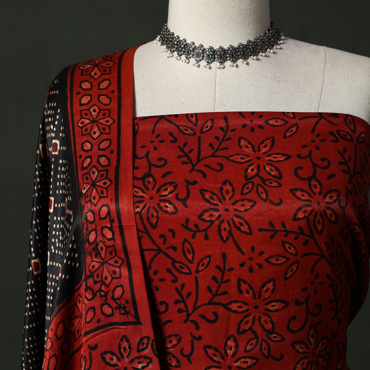 Modal silk hand block bagru print 2pc unstitched dress