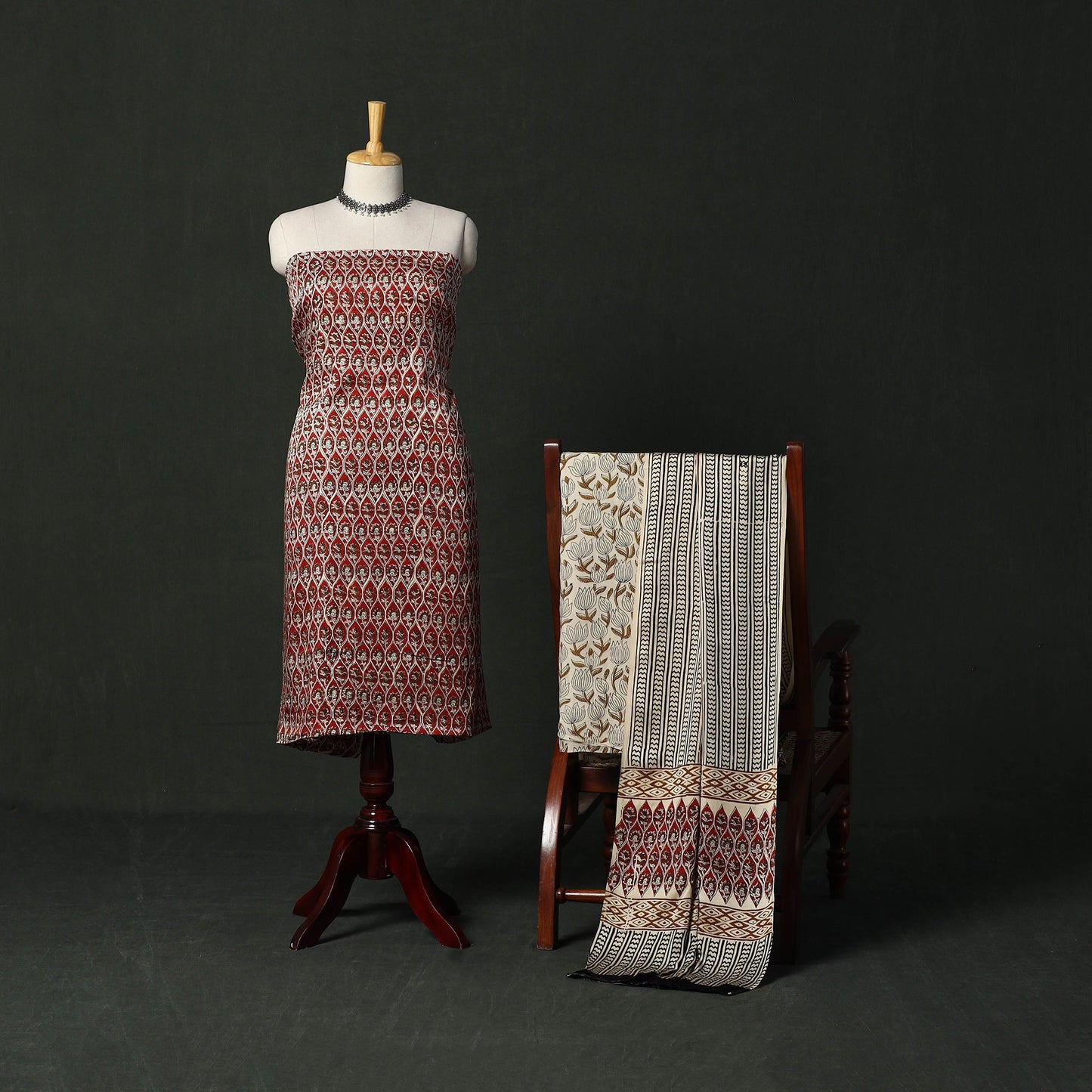 Modal silk hand block bagru print 3pc unstitched dress