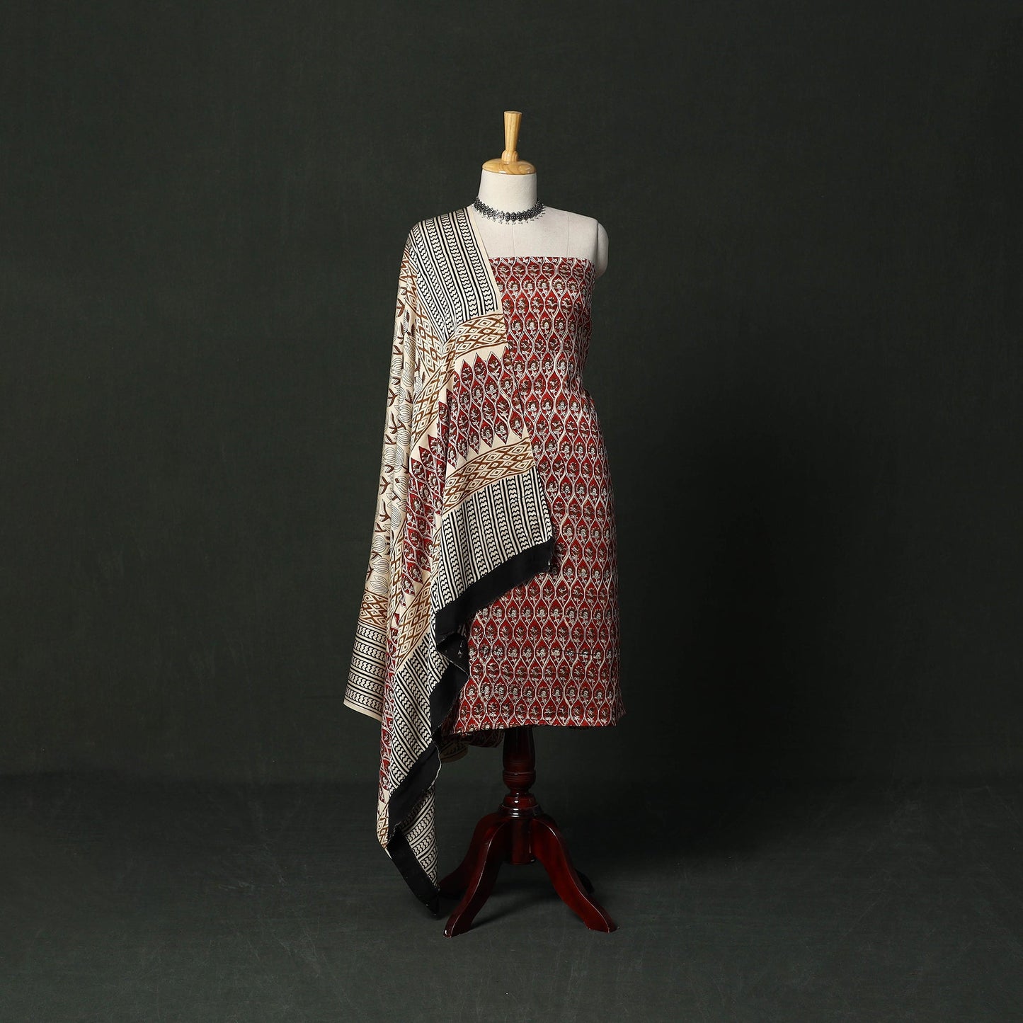 Modal silk hand block bagru print 3pc unstitched dress