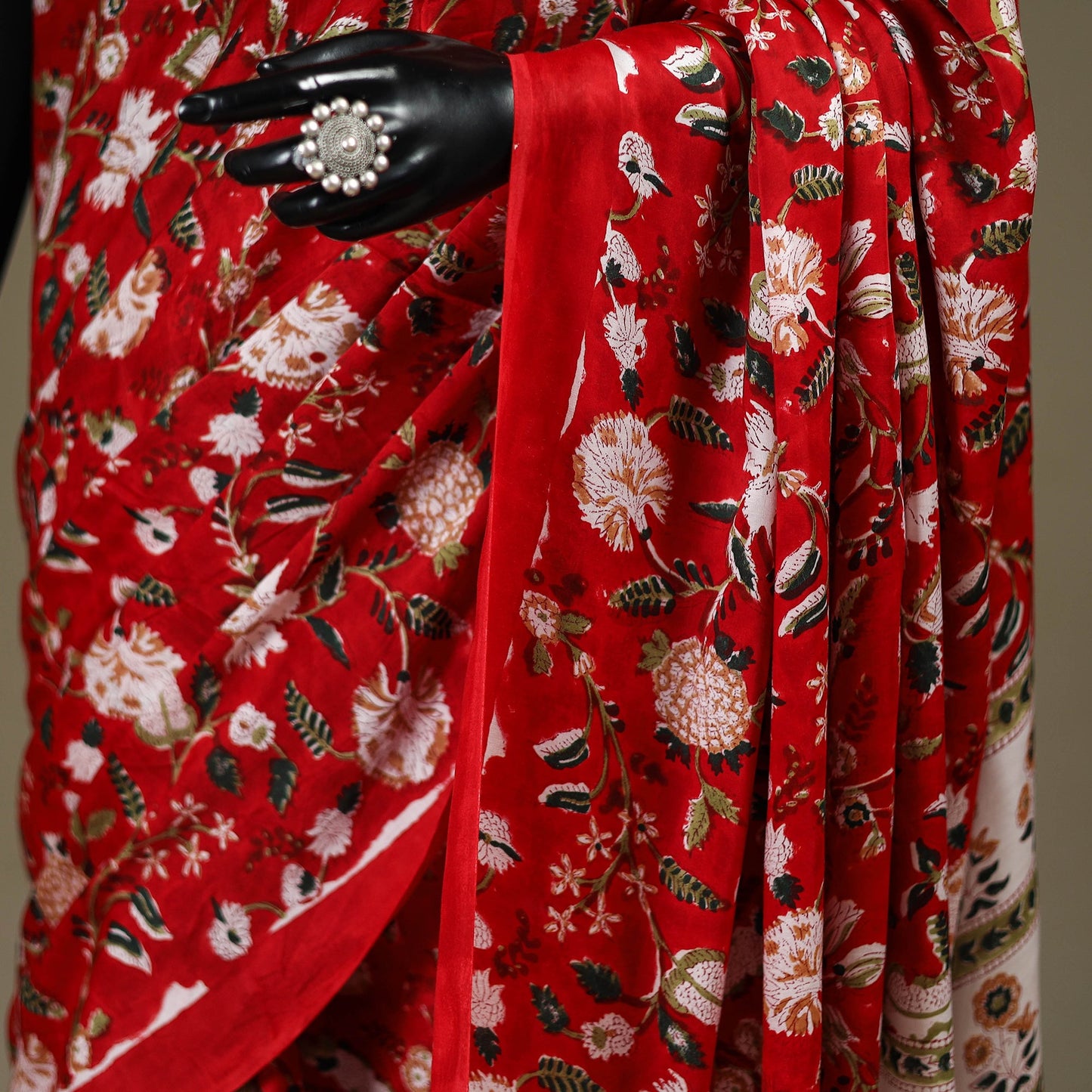 Red - modal silk hand sanganeri saree 04 - handcrafted