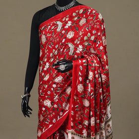 Red - modal silk hand sanganeri saree 04 - handcrafted