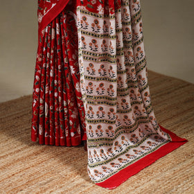Red - modal silk hand sanganeri saree 04 - handcrafted