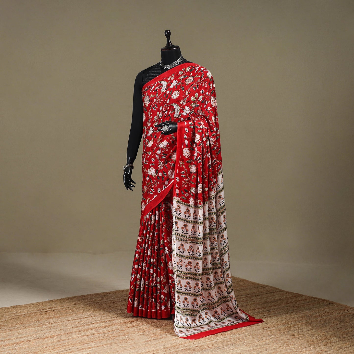 Red - modal silk hand sanganeri saree 04 - handcrafted