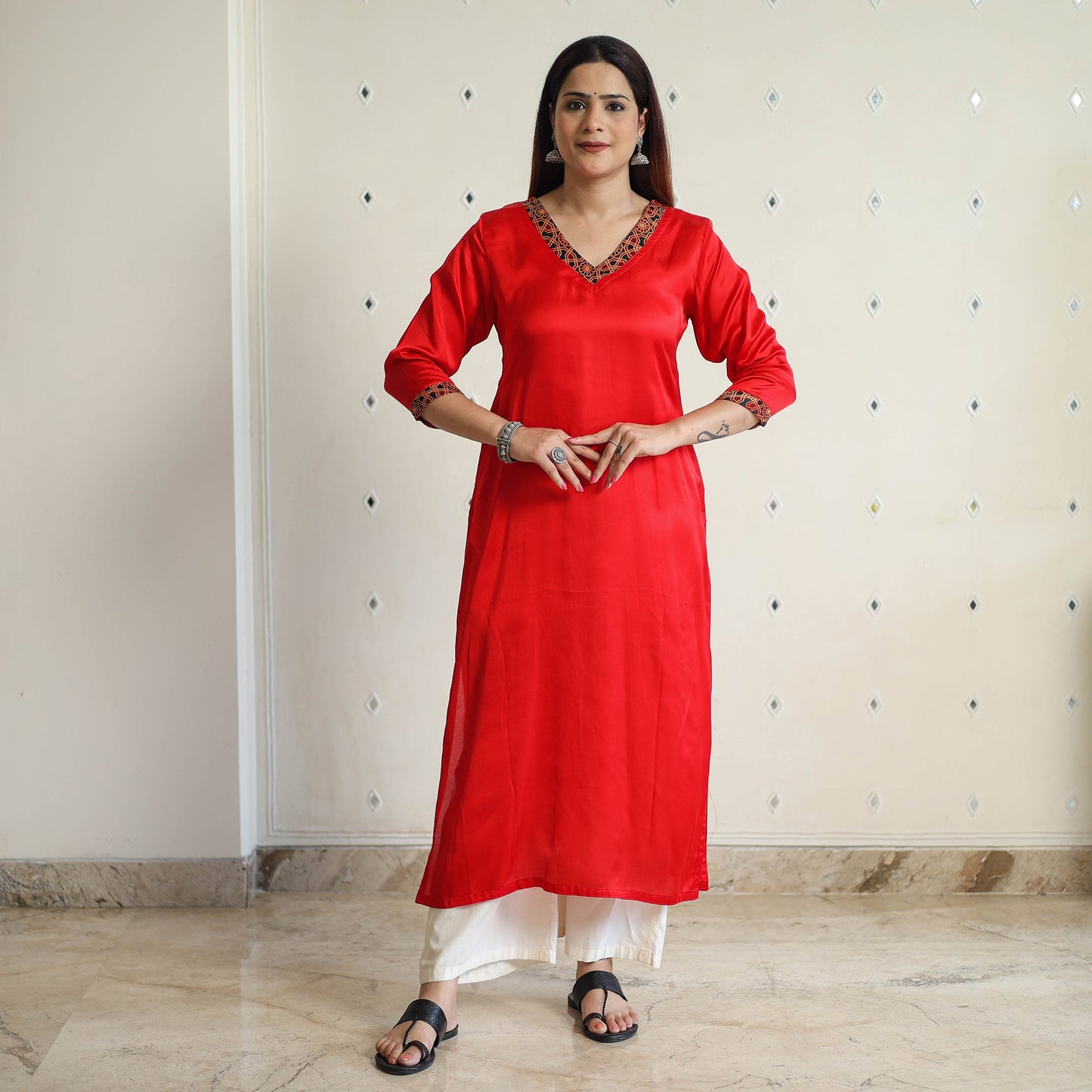 Red - modal silk plain long straight kurta 11 - handcrafted