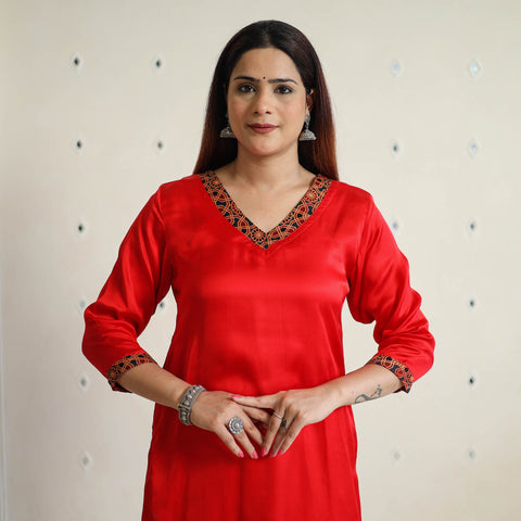 Red - modal silk plain long straight kurta 11 - handcrafted