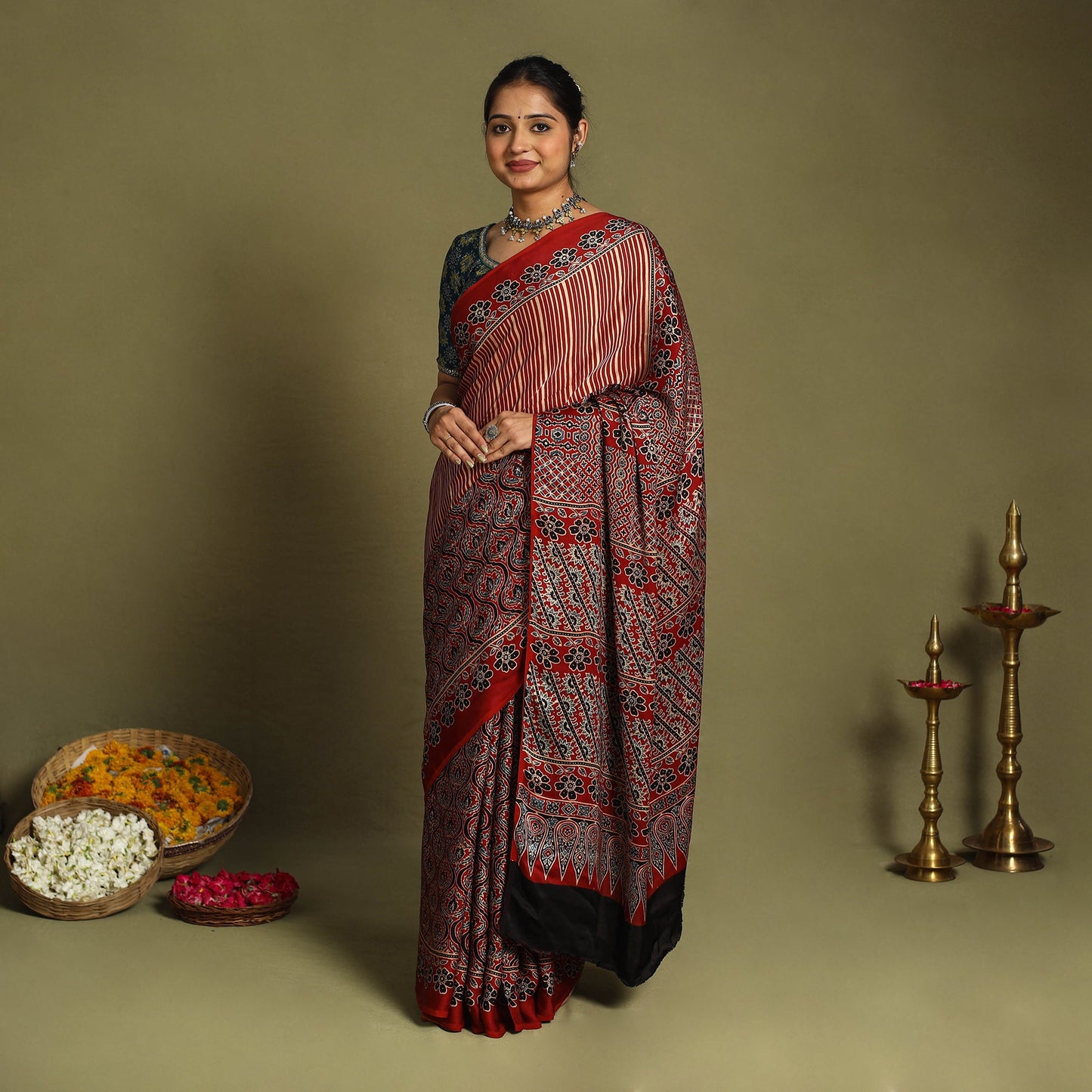  Red Modal Silk Block Print Ajrakh Saree