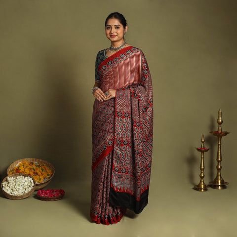  Red Modal Silk Block Print Ajrakh Saree