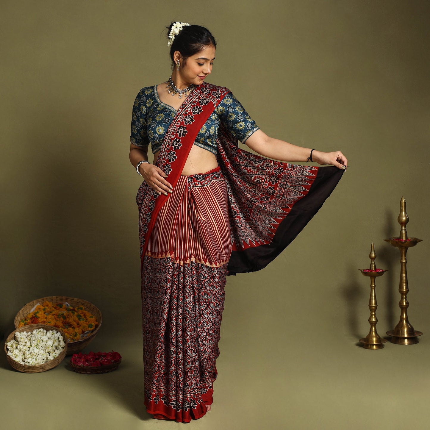  Red Modal Silk Block Print Ajrakh Saree