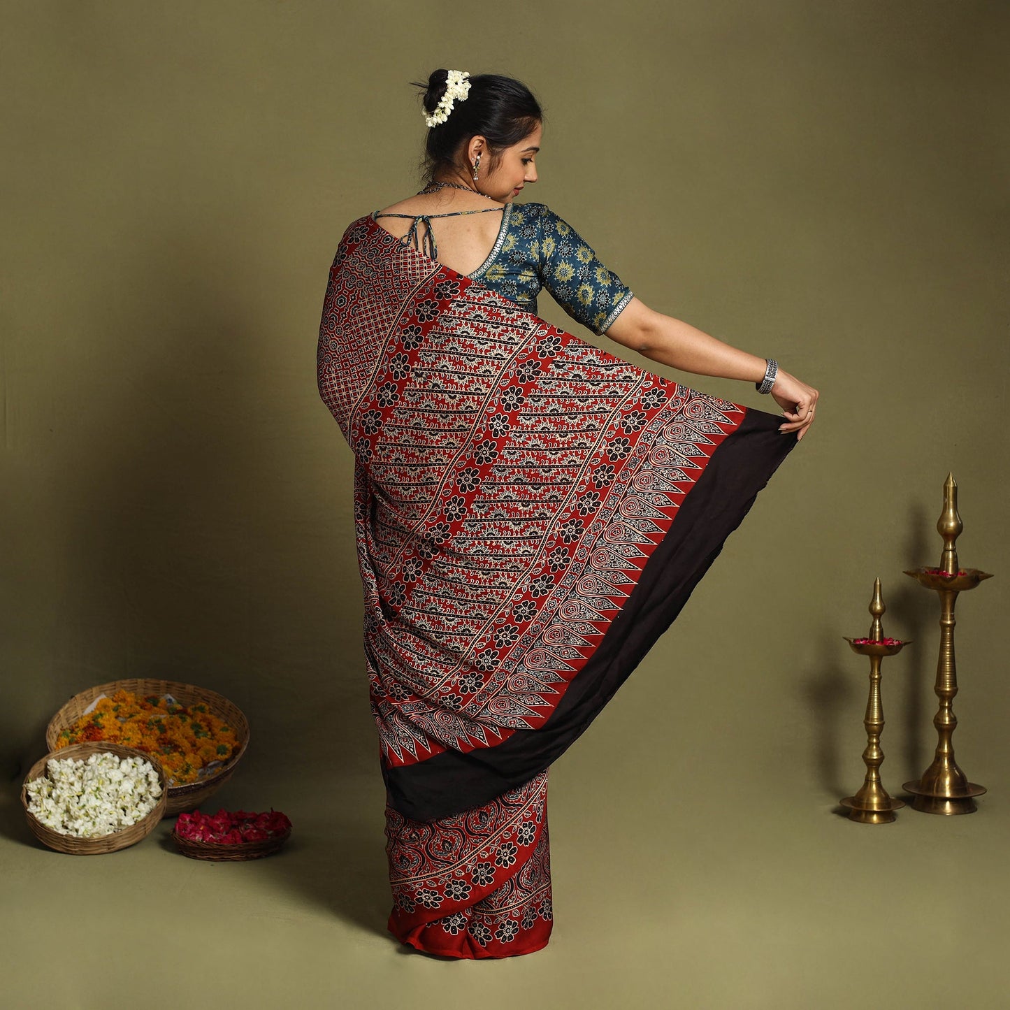  Red Modal Silk Block Print Ajrakh Saree