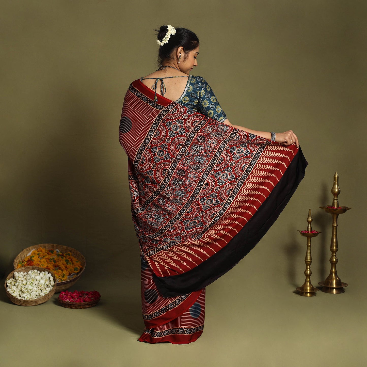 Buy Red Modal Silk Block Print Ajrakh Saree