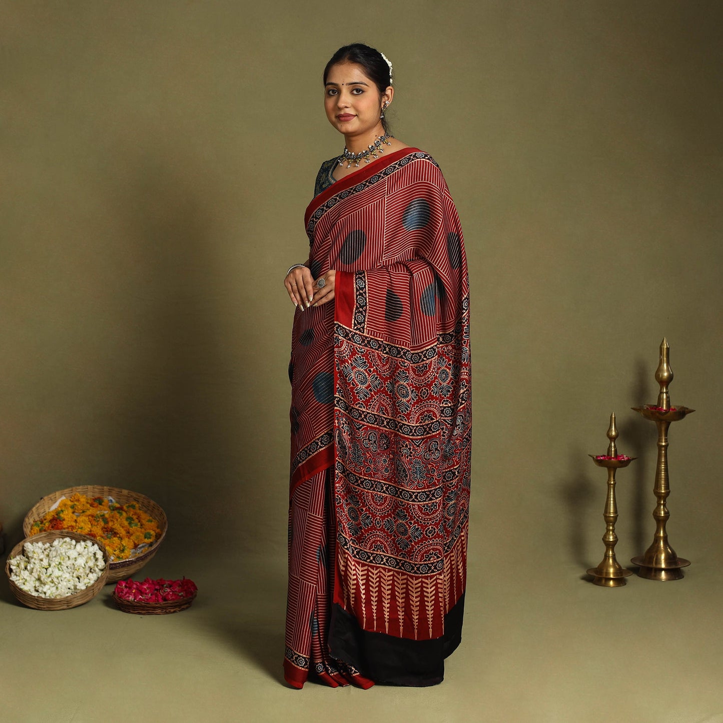 Buy Red Modal Silk Block Print Ajrakh Saree