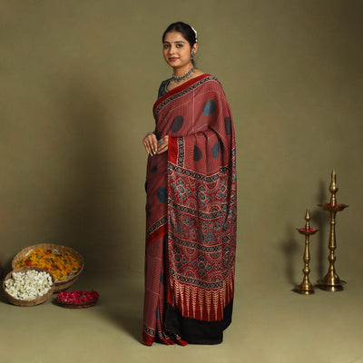 Buy Red Modal Silk Block Print Ajrakh Saree