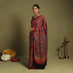 Buy Red Modal Silk Block Print Ajrakh Saree