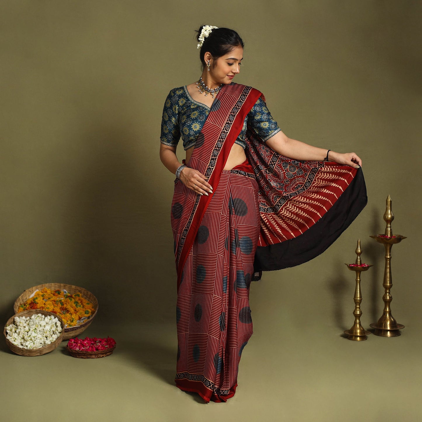 Buy Red Modal Silk Block Print Ajrakh Saree