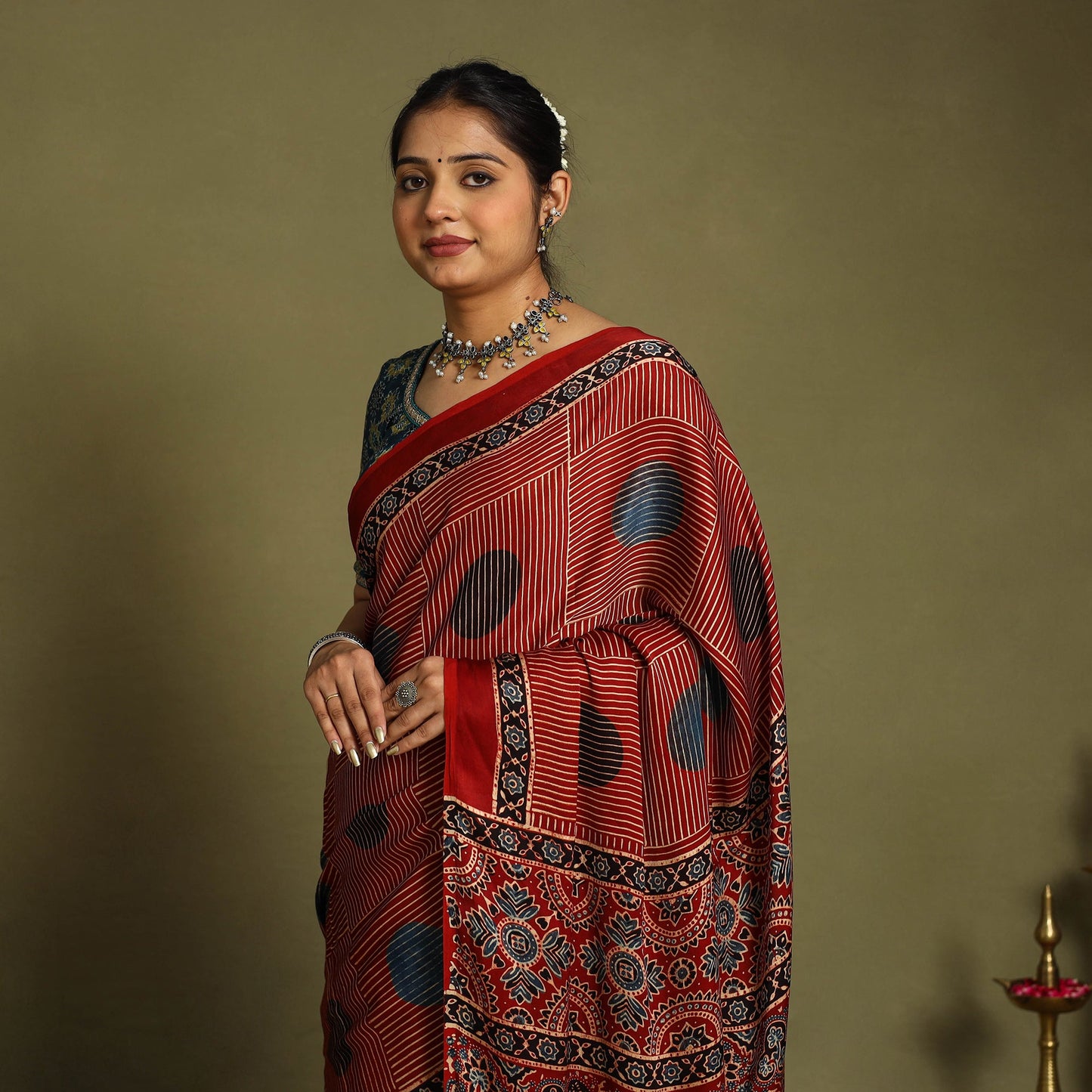 Buy Red Modal Silk Block Print Ajrakh Saree