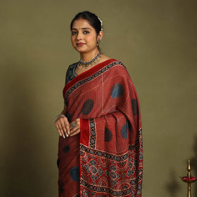 Buy Red Modal Silk Block Print Ajrakh Saree