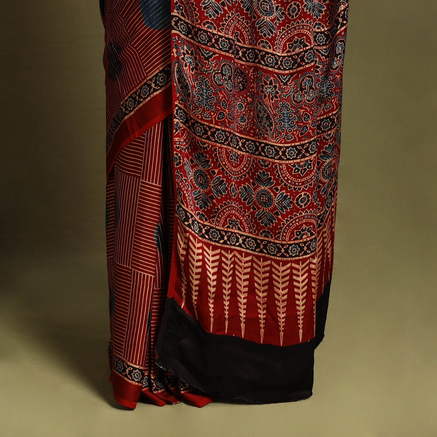 Buy Red Modal Silk Block Print Ajrakh Saree