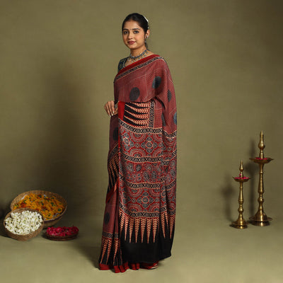  Red Modal Silk Block Print Ajrakh Saree
