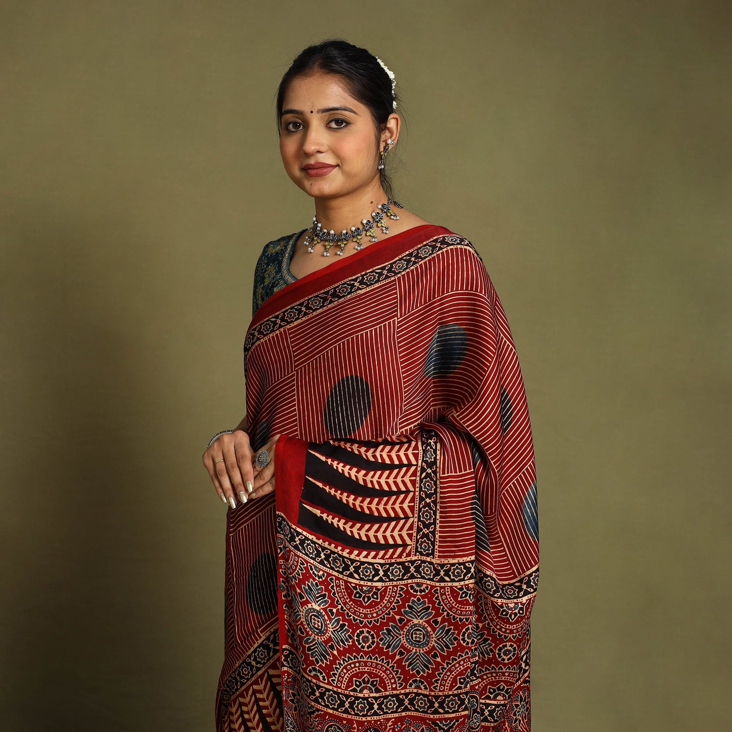  Red Modal Silk Block Print Ajrakh Saree