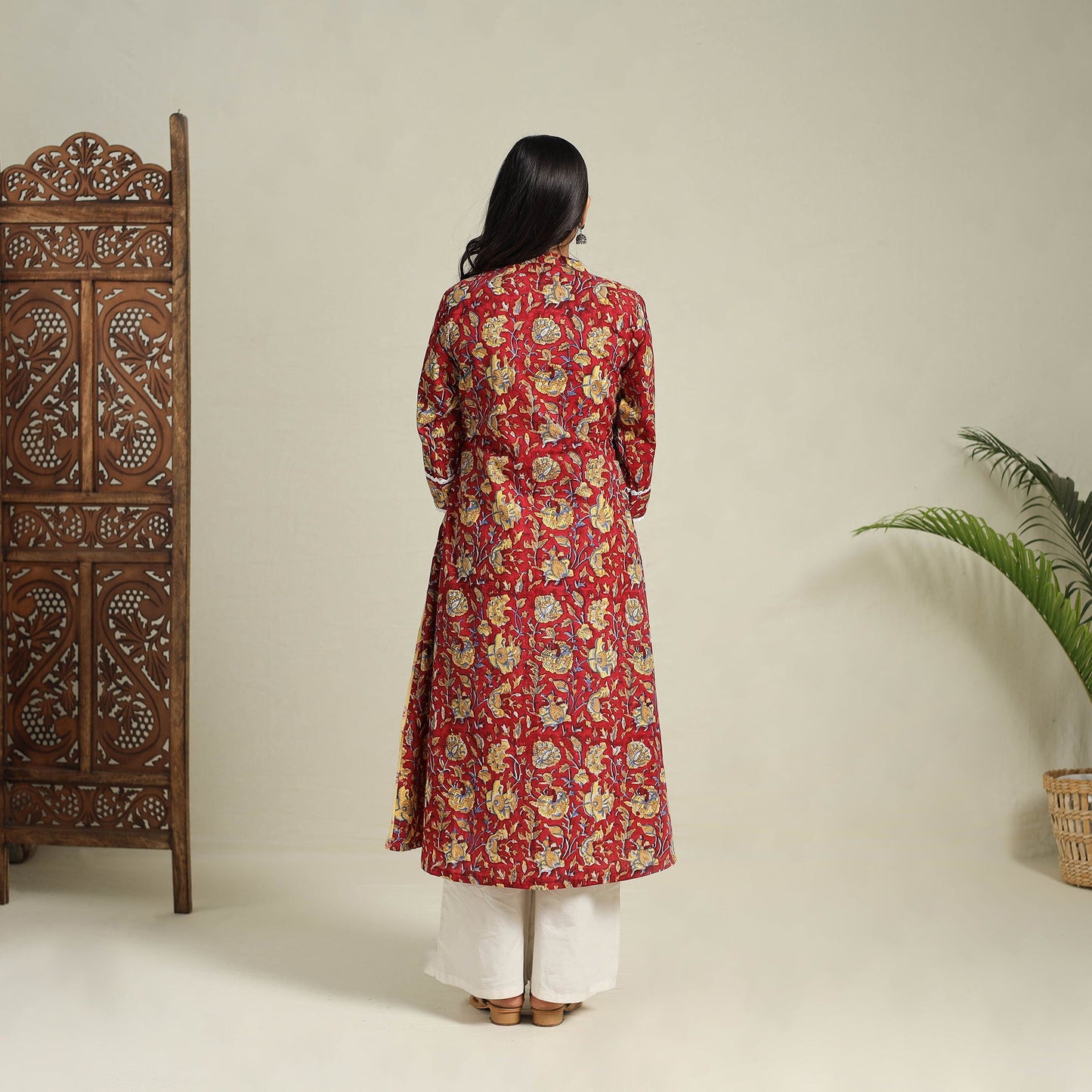 Mosaic Fusion Cotton A-Line Lace Work Red Sanganeri Kurta for Women