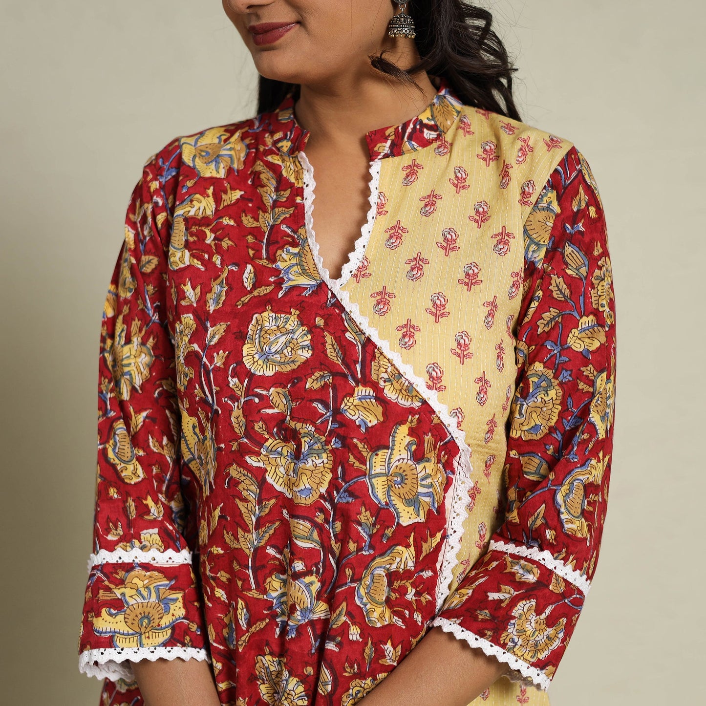 Mosaic Fusion Cotton A-Line Lace Work Red Sanganeri Kurta for Women