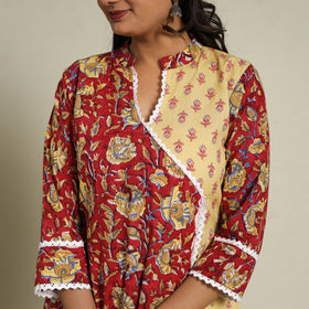Mosaic Fusion Cotton A-Line Lace Work Red Sanganeri Kurta for Women