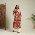 Mosaic Fusion Cotton A-Line Lace Work Red Sanganeri Kurta for Women