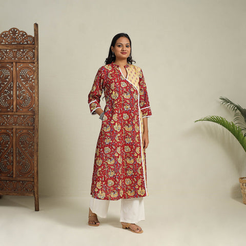 Mosaic Fusion Cotton A-Line Lace Work Red Sanganeri Kurta for Women