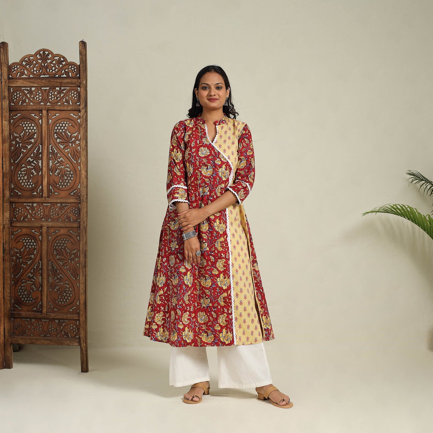 Mosaic Fusion Cotton A-Line Lace Work Red Sanganeri Kurta for Women