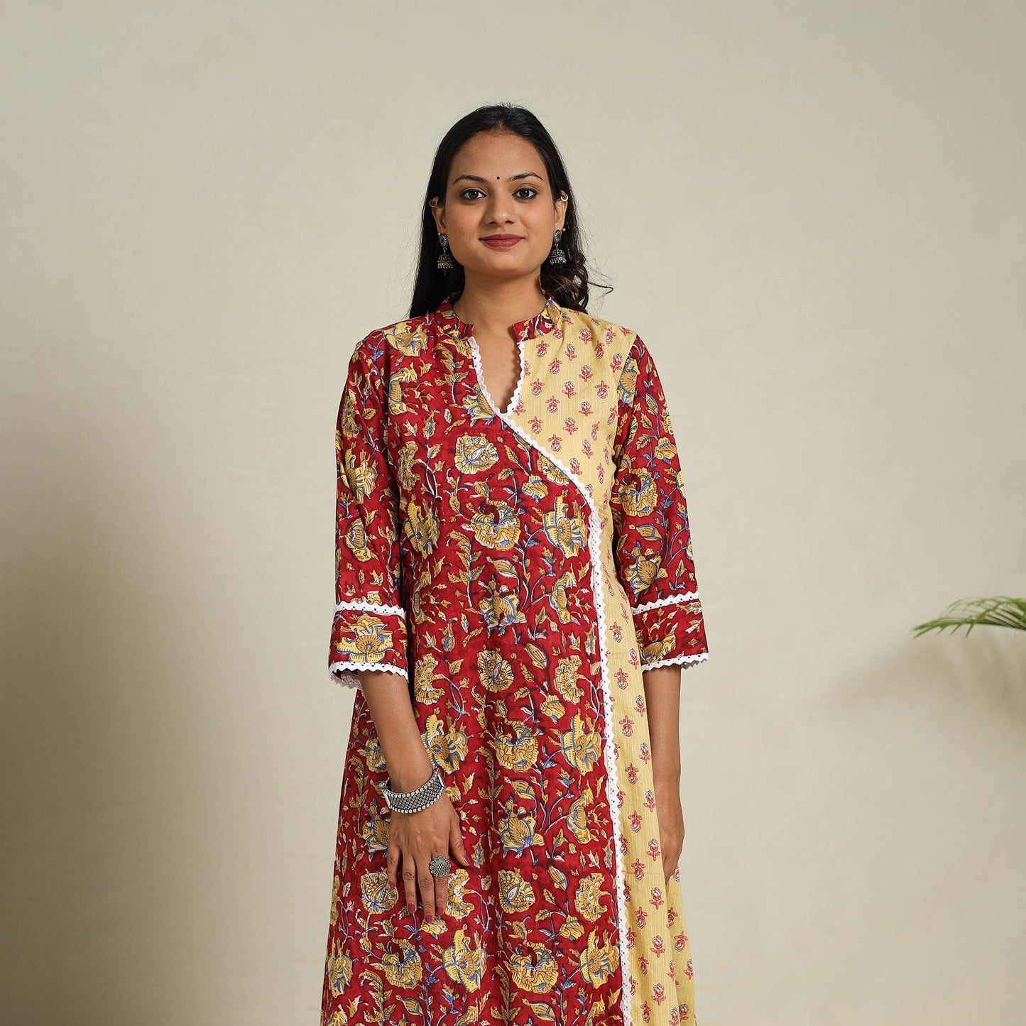 Mosaic Fusion Cotton A-Line Lace Work Red Sanganeri Kurta for Women