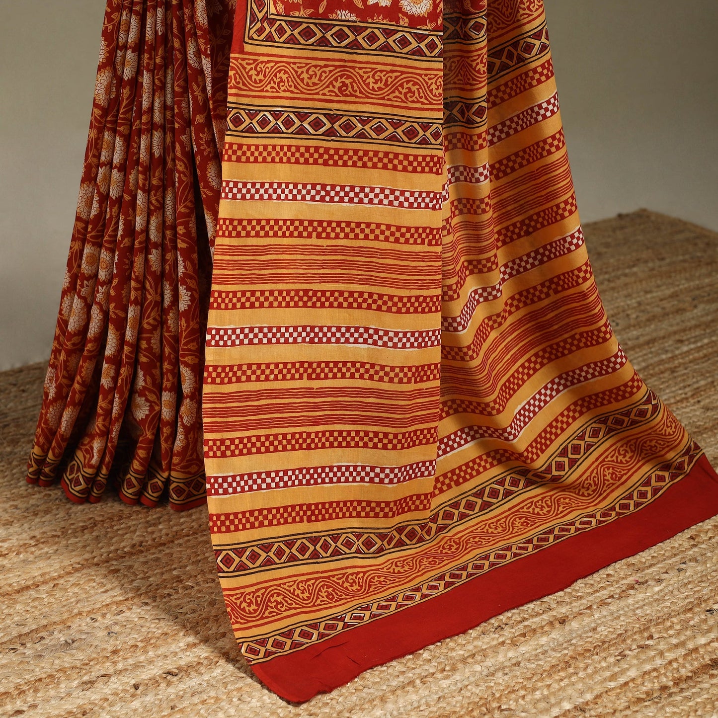 Orange - mul cotton bagru saree 13 - handcrafted