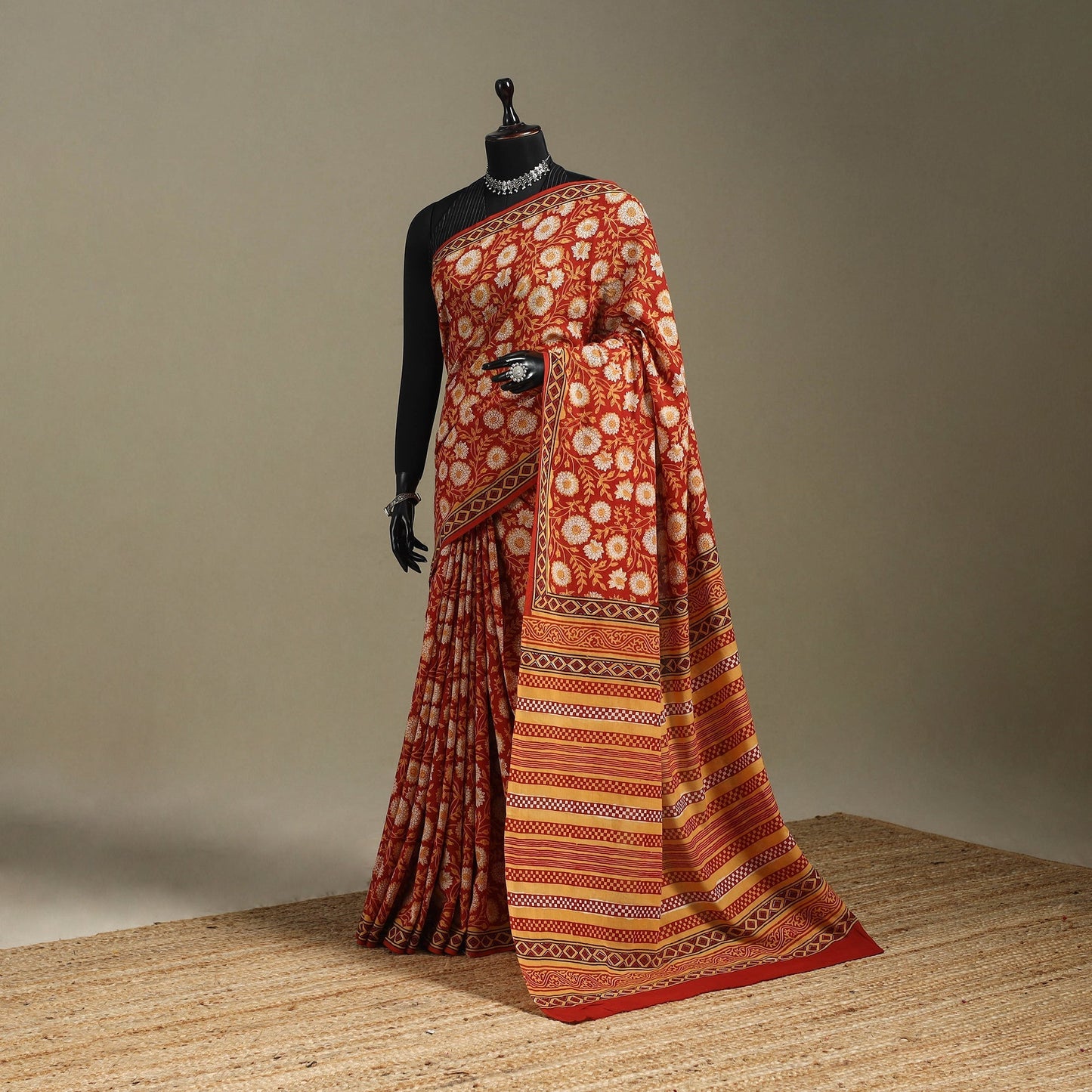 Orange - mul cotton bagru saree 13 - handcrafted